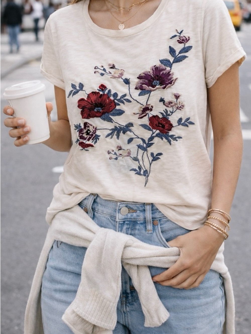 American Eagle Outfitters Cream Tee with Red & Purple Floral Embroidery